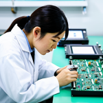 **Prompt:** A skilled quality control engineer in a modern Japanese factory, fully clothed in professional attire, examining a circuit board with advanced testing equipment. Focus on precision and detail. Background: clean, organized production line. Safe for work, appropriate content, professional, perfect anatomy, correct proportions, natural pose, high quality.