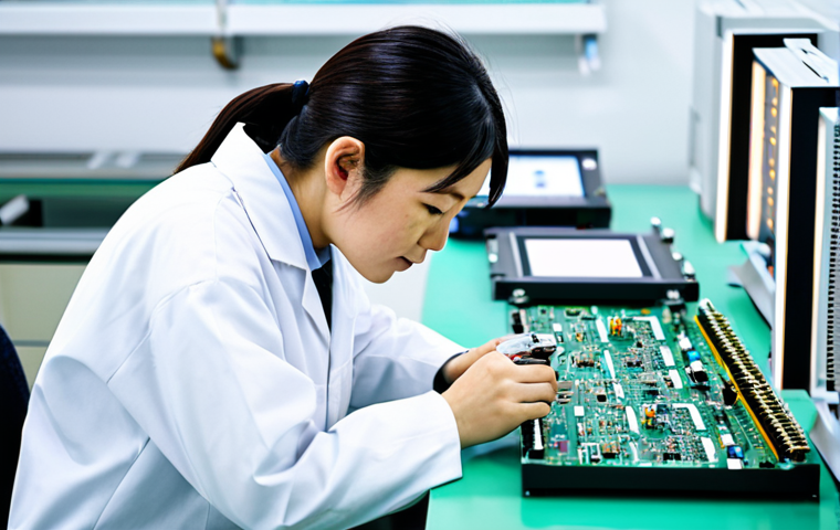 **Prompt:** A skilled quality control engineer in a modern Japanese factory, fully clothed in professional attire, examining a circuit board with advanced testing equipment. Focus on precision and detail. Background: clean, organized production line. Safe for work, appropriate content, professional, perfect anatomy, correct proportions, natural pose, high quality.
