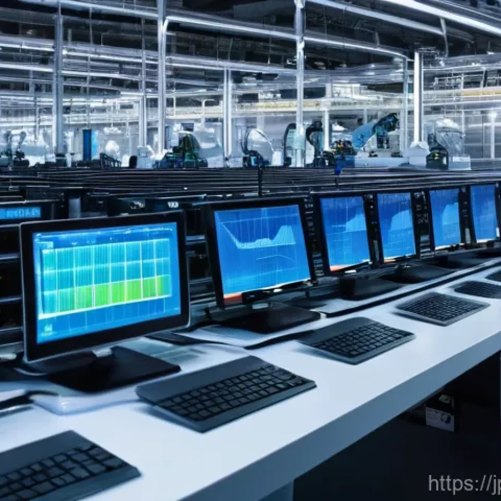 공정관리 기술과 IoT 융합 사례 - A highly detailed, wide-angle shot of a pristine, modern Japanese manufacturing facility. The factor...