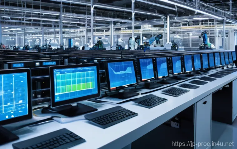 공정관리 기술과 IoT 융합 사례 - A highly detailed, wide-angle shot of a pristine, modern Japanese manufacturing facility. The factor...