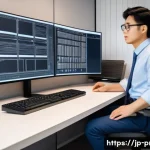 공정관리기술자가 알아야 할 CAD 활용법 - A modern office workspace showing a professional Japanese engineer focused on creating CAD drawings ...