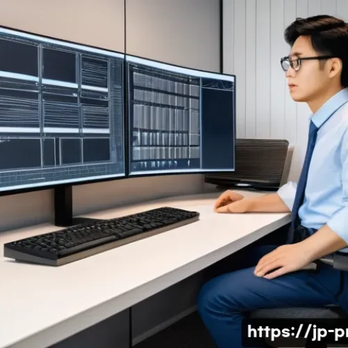 공정관리기술자가 알아야 할 CAD 활용법 - A modern office workspace showing a professional Japanese engineer focused on creating CAD drawings ...
