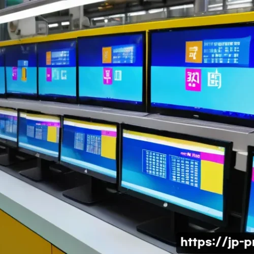 공정관리 소프트웨어 활용 사례 - A modern Japanese factory production line scene showing real-time digital progress monitoring on mul...