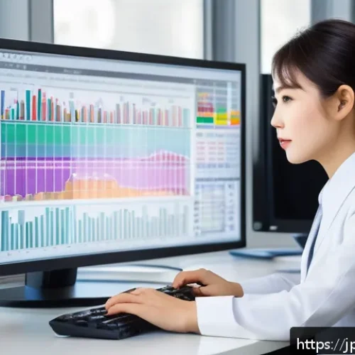 공정관리기술자 실무에서의 통계 기법 활용 - A modern Japanese office scene showing a young professional woman analyzing quality control data on ...