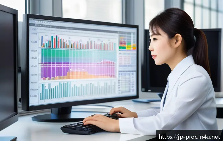 공정관리기술자 실무에서의 통계 기법 활용 - A modern Japanese office scene showing a young professional woman analyzing quality control data on ...