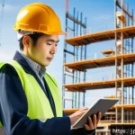 공정관리기술자의 직무 확장 가능성 - A professional construction site scene in modern Japan, featuring a fair management engineer wearing...