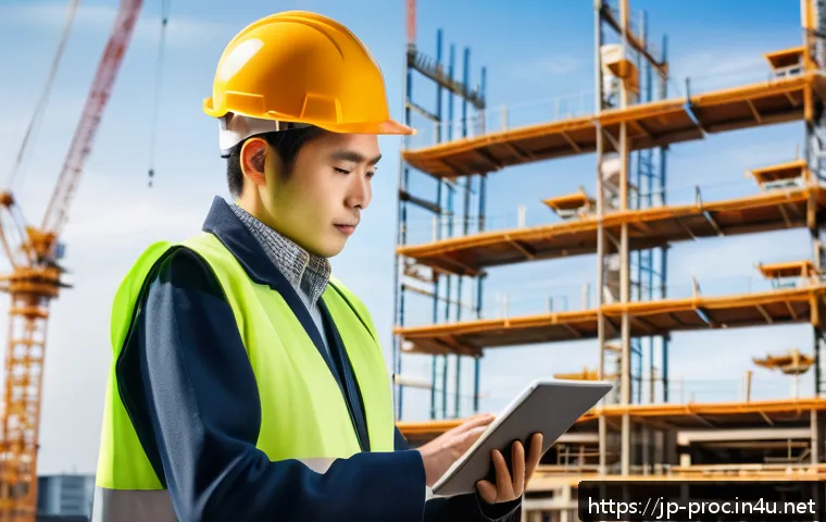 공정관리기술자의 직무 확장 가능성 - A professional construction site scene in modern Japan, featuring a fair management engineer wearing...