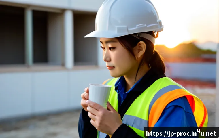 공정관리기술자의 스트레스 관리 비법 - Photorealistic Japanese construction project manager in clean safety helmet and reflective vest, tak...